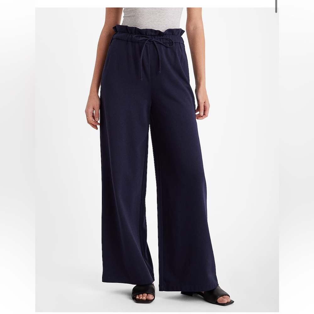 Navy High Waisted Knit Drawstring Paperbag Wide Leg Pant express womens NEW